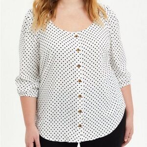 Torrid Plus Size 2X Polka Dot Rayon Slub Button Front Puff Sleeve Top 3/4 Sleeve